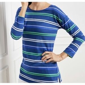 Talbots Cross Back Tunic Navy and Green Striped 3/4 Sleeve Shirt Size Med New!